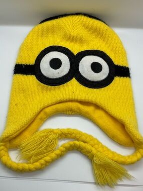 Knitted Minions Hat  with cute Yellow Ties - Big Black Goggle Eyes